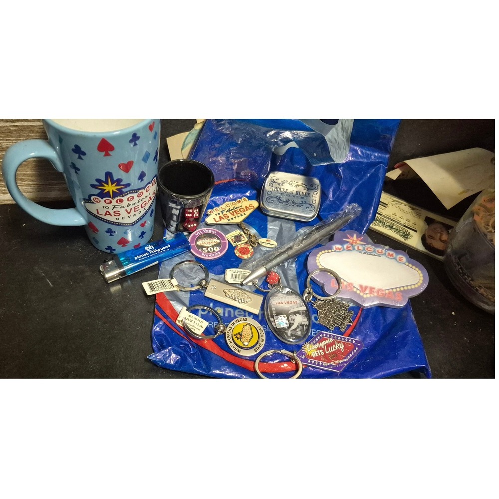 Las Vegas Souvenir Lot Planet Hollywood House of Blues Mug Keychains, magnetsNOS